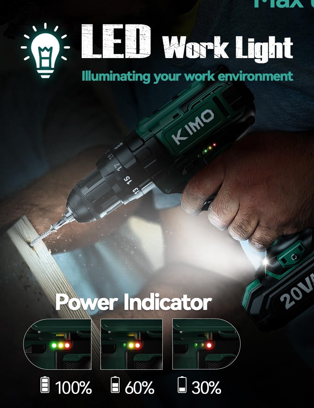 KIMO Hammer Drill - 20V 2X Battery Hammer Drill Cordless Drill Set