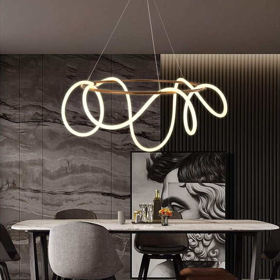 Modern Creative LED Tube Music Symbol Chandelier Round Metal Art Strip Line Shape Pendant Lamp Golden Ceiling Pendant Light for Living Room Kitchen (80 * 30CM)