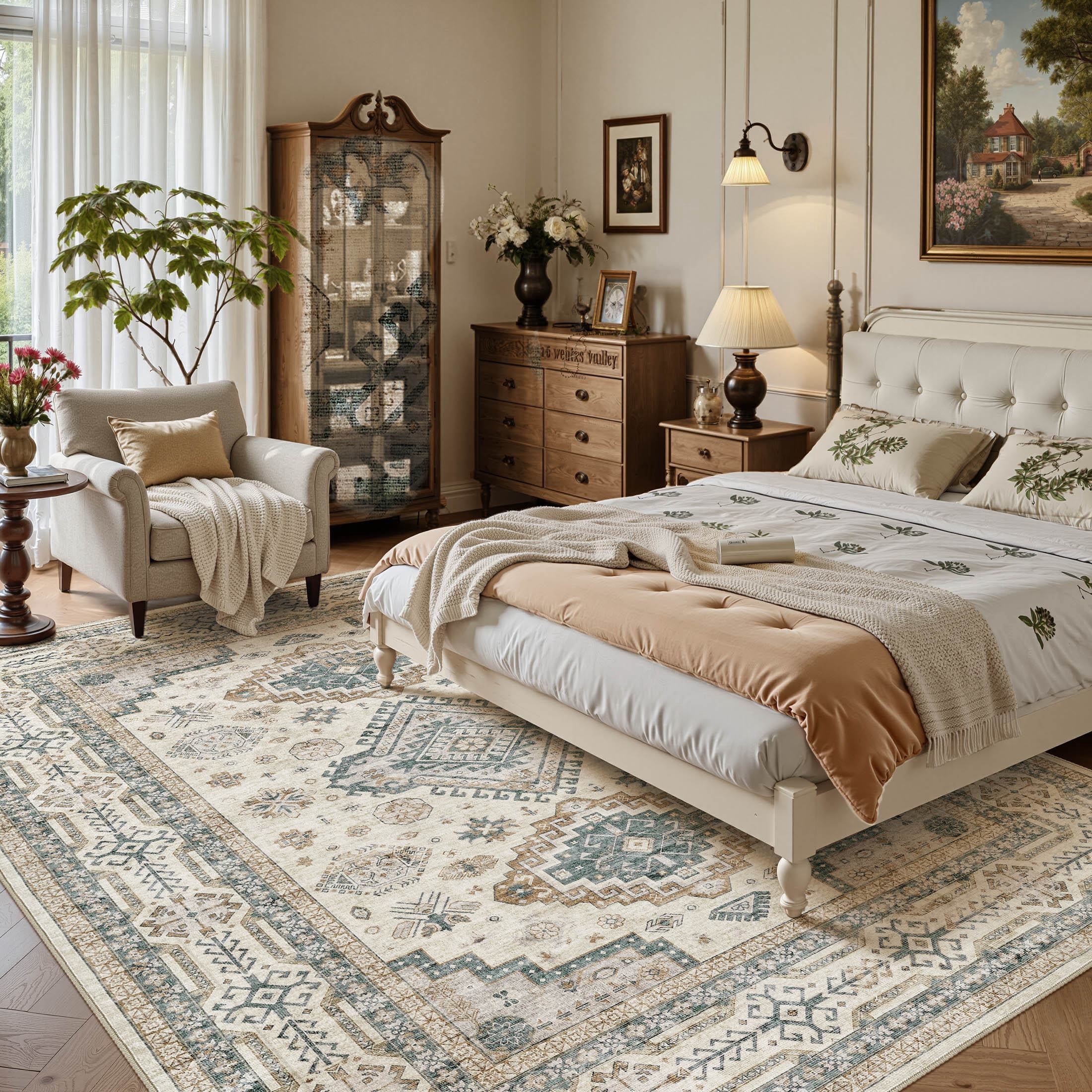 UERMEI 9'x12' Washable Area Rugs for Living Room, Modern and Vintage Non Slip Carpet, Low Pile Indoor Rug for Bedroom Home Decor Carpets, Beige Green