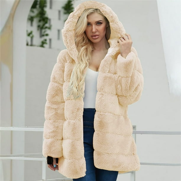 Hooded faux top fur coat womens