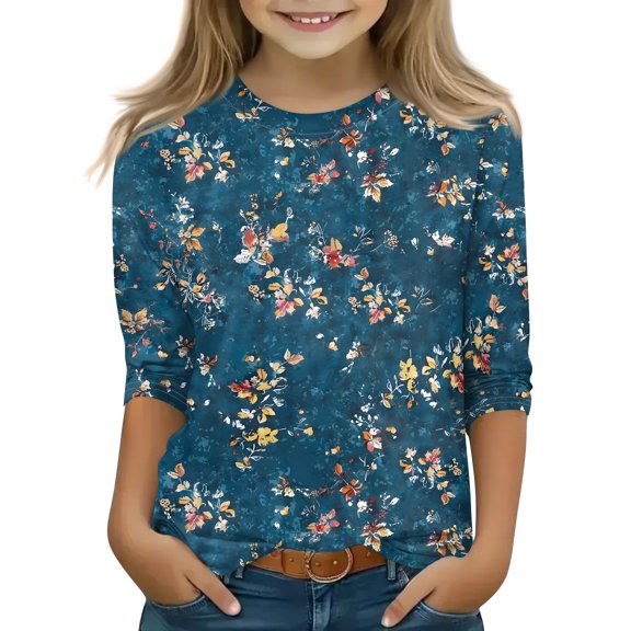 Grblisyd Shirt for Teen Girls 3/4 Length Sleeve Round Neck Shirts Graphic Blouses Fall Winter Pullover Cute Tops