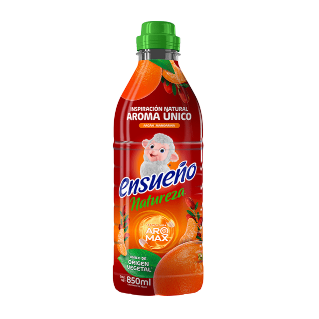 suavizante de telas ensueño natureza árgan mandarina 850 ml, vista frontal centrada; botella plástica roja con tapa verde y logo Ensueno, etiqueta con oveja y texto "Natureza" y "Aroma único", ilustraciones de mandarina, indica 850 ml y uso compatible con lavadores; también suele usarse para dar fragancia a ropa de viaje.