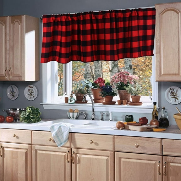 Blackout Curtains Ink White Red Lattice Window Valance Cottage Layout Curtain Decoration Curtain Rod Pocket Valance For Kitchen/Living Room 15 X 55 In