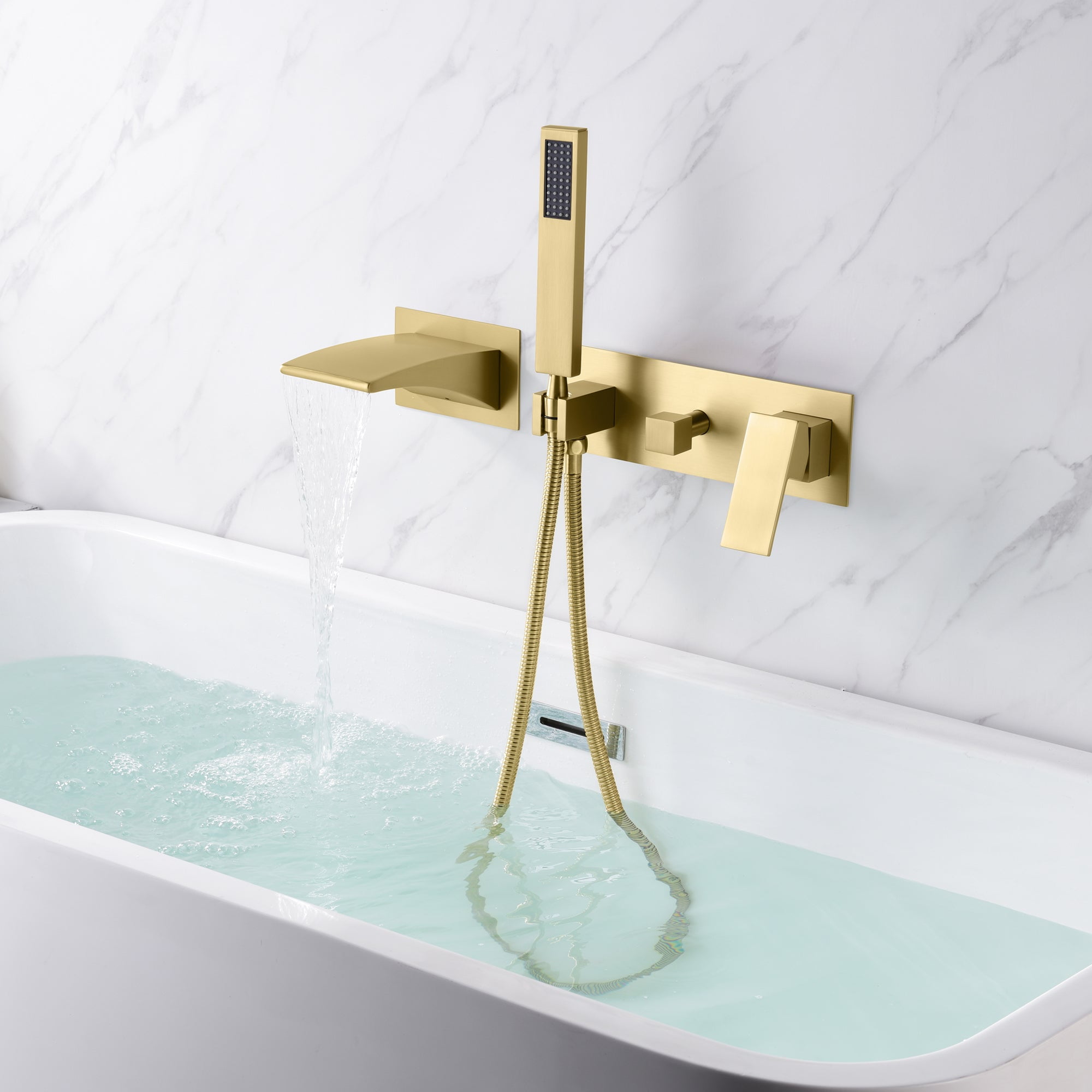 Brushed Gold Wall Mount Tub Faucet with Hand Shower, Waterfall Spout with Sprayer and Valve Sumerain