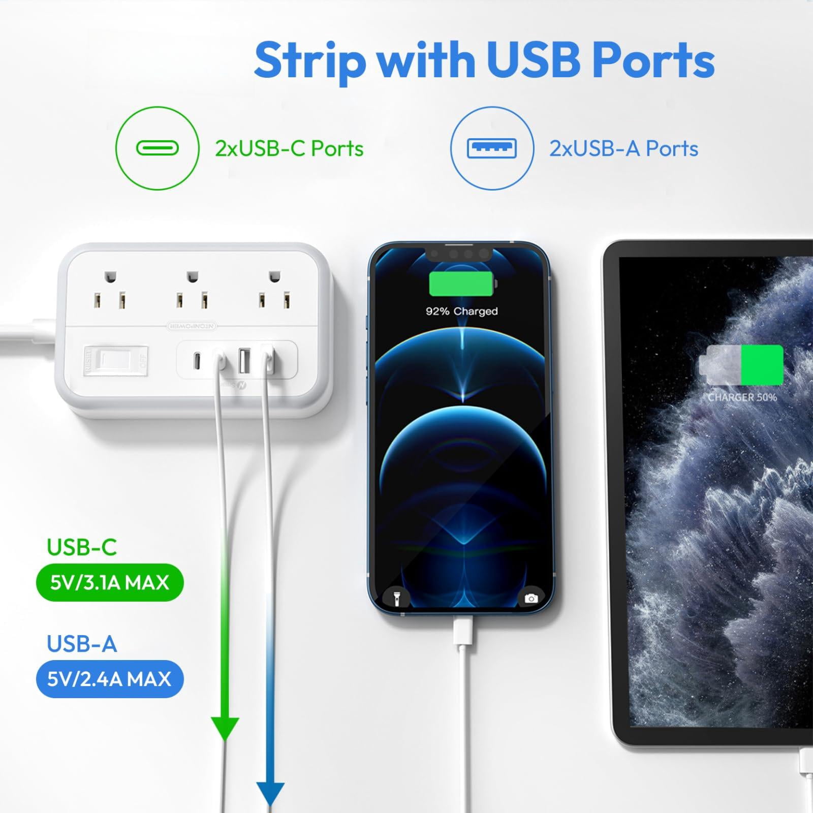 Surge Protector Power Strip With 6 Outlets 4 Usb Port  5 Ft Flat Plug Extension Cord Outlet Extender White Multiple For Indoor Home Office Supplies Dorm Room