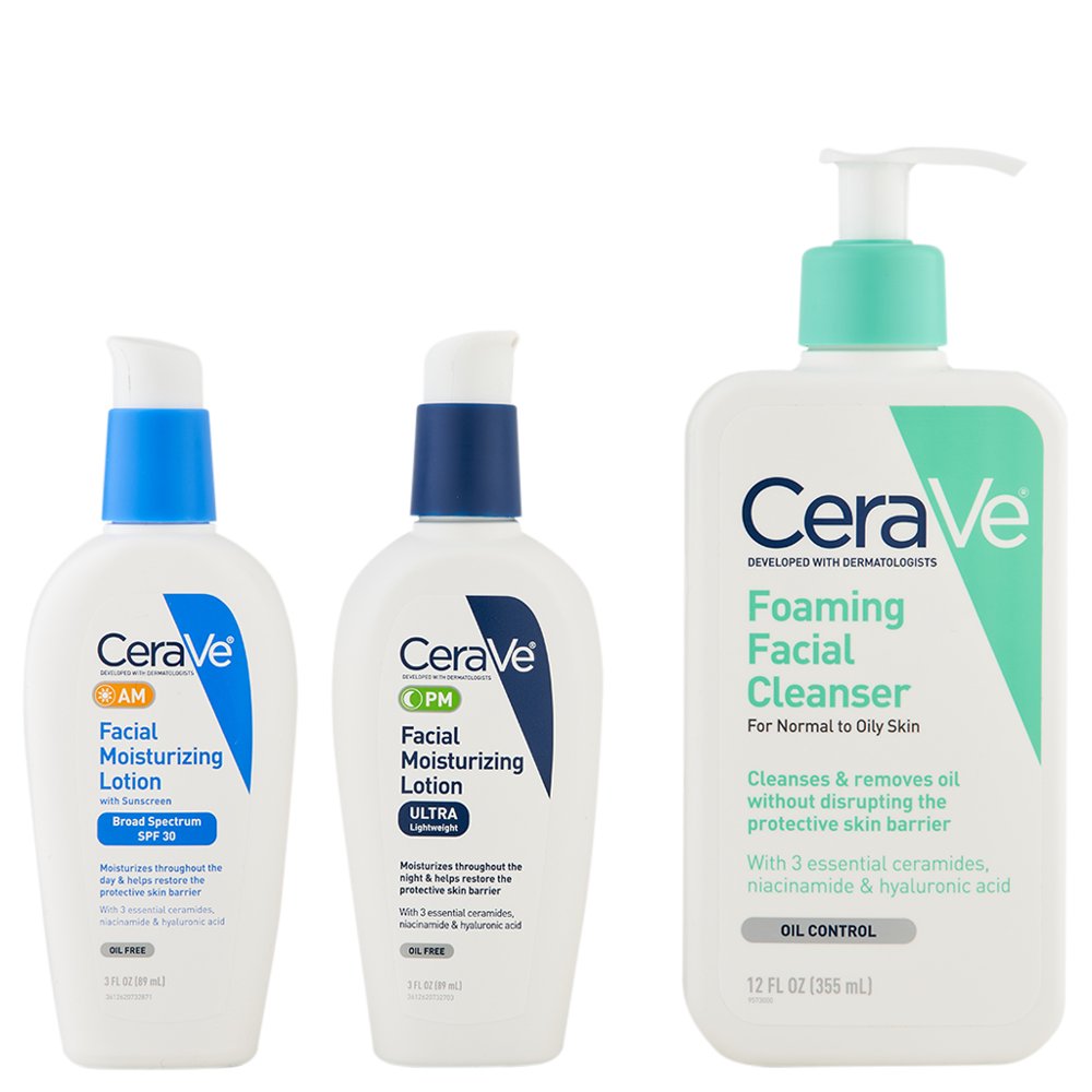 CeraVe Foaming Facial Cleanser 12 oz, Facial Moisturizing Lotion AM 3 oz & Facial Moisturizing