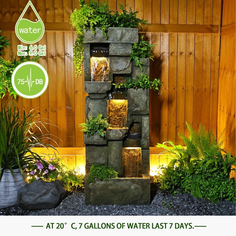 Outdoor Floor Standing Garden Water Fountains Rock Waterfall Fountain with LED Lights for Garden, Patio, Backyard, Deck, Porch and Home Art Decor