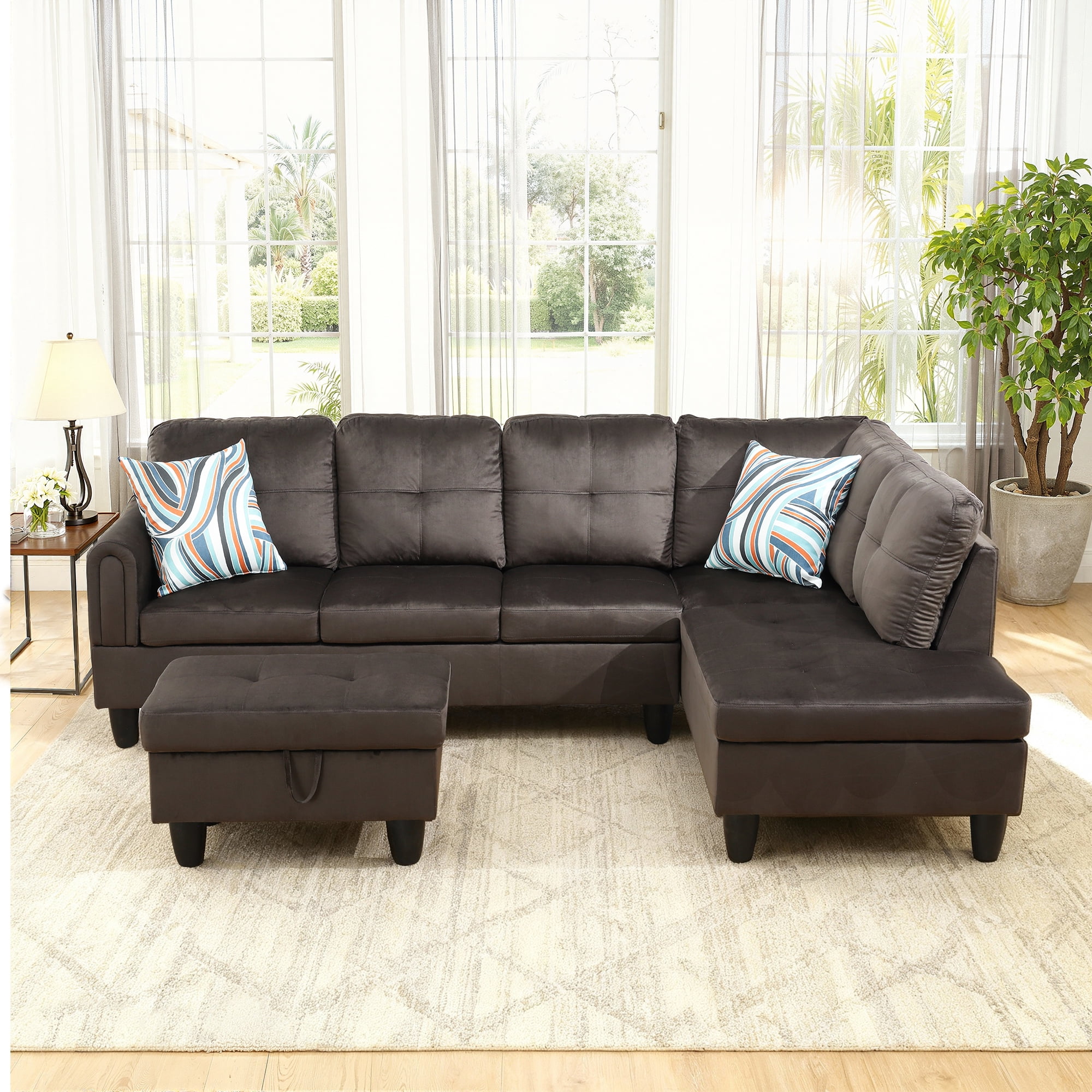 MAYEERTY 97" Flannel Sectional Sofa, 3-Piece Couch Living Room Sofa Set with Ottoman, Dark Brown (Right)