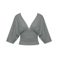 thumbnail image 4 of ClodeEU Women's Deep V Neck Batwing Short Sleeve Ruched Waist Crop Knit Top,Casual Fitted Wrap Front Blouse Gray,Women's Plus XL, 4 of 5