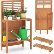 Garden Potting Bench Table, Outdoor Workstation with Trellis & 2-Tier Shelves, Hardwood Potting Table for Outdoor, Deck, Balcony, Garden, Backyard