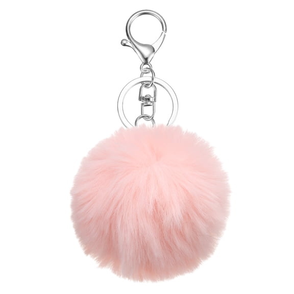 Uxcell Pom Pom Keychain, 8cm Faux Rabbit Fur Fluffy Pompoms Keyring, Soft Cute Plush Fluffy Ball Keychains for Women Purse Handbag Bag Pendant DIY Crafts, Light Pink/Silver