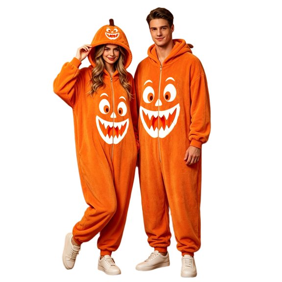 Curuila Halloween Adult Jumpsuit Zipper Hallowmas Pumpkin Hooded Flannel Pajamas For Women And Men Party Soft Loungewear Jumpsuit Size L
