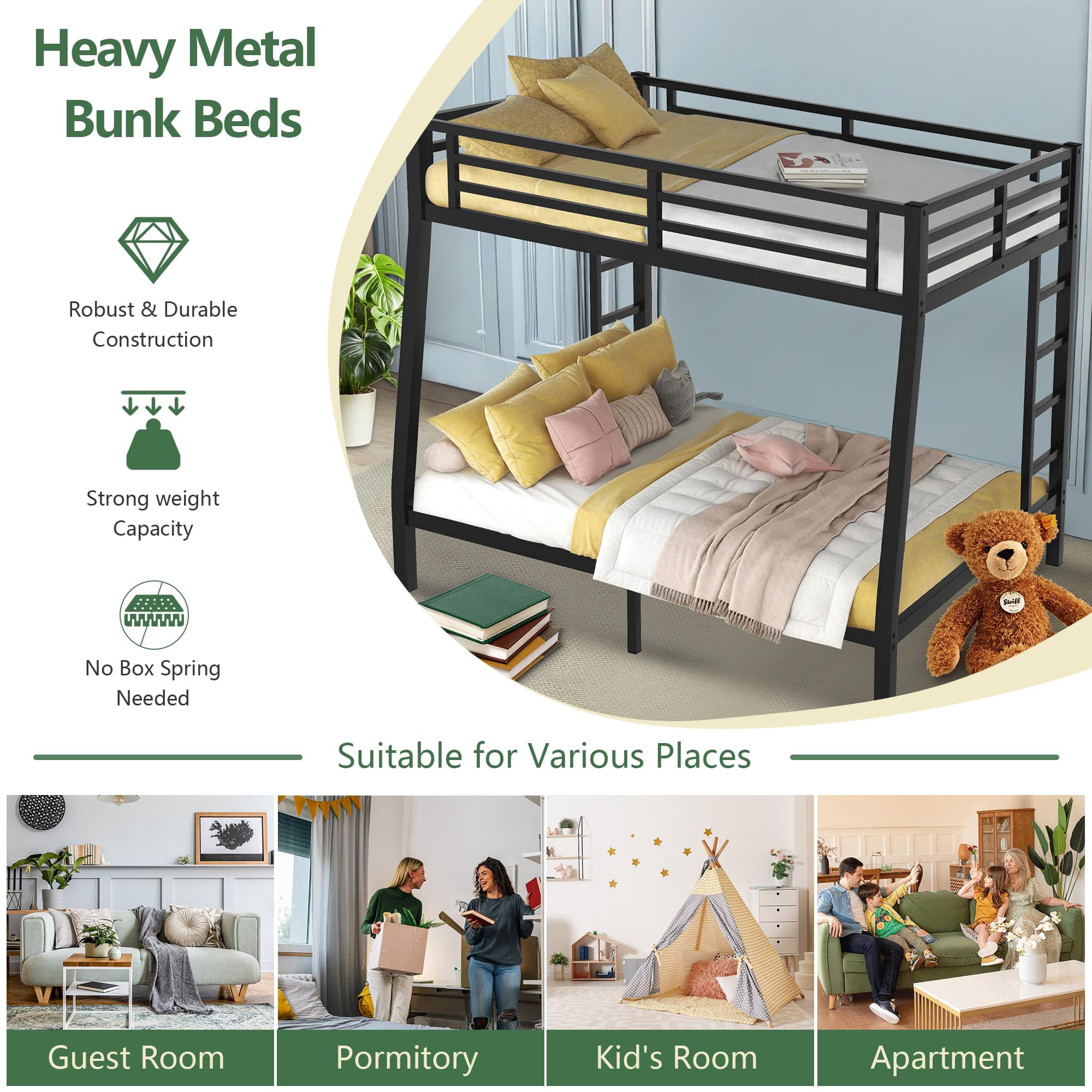 Miniyam Full XL over Queen Metal Bunk Bed with 2 Ladders, Heavy Duty Noise-Free Frame with Guardrails, No Box Spring Needed, for Adults, Black