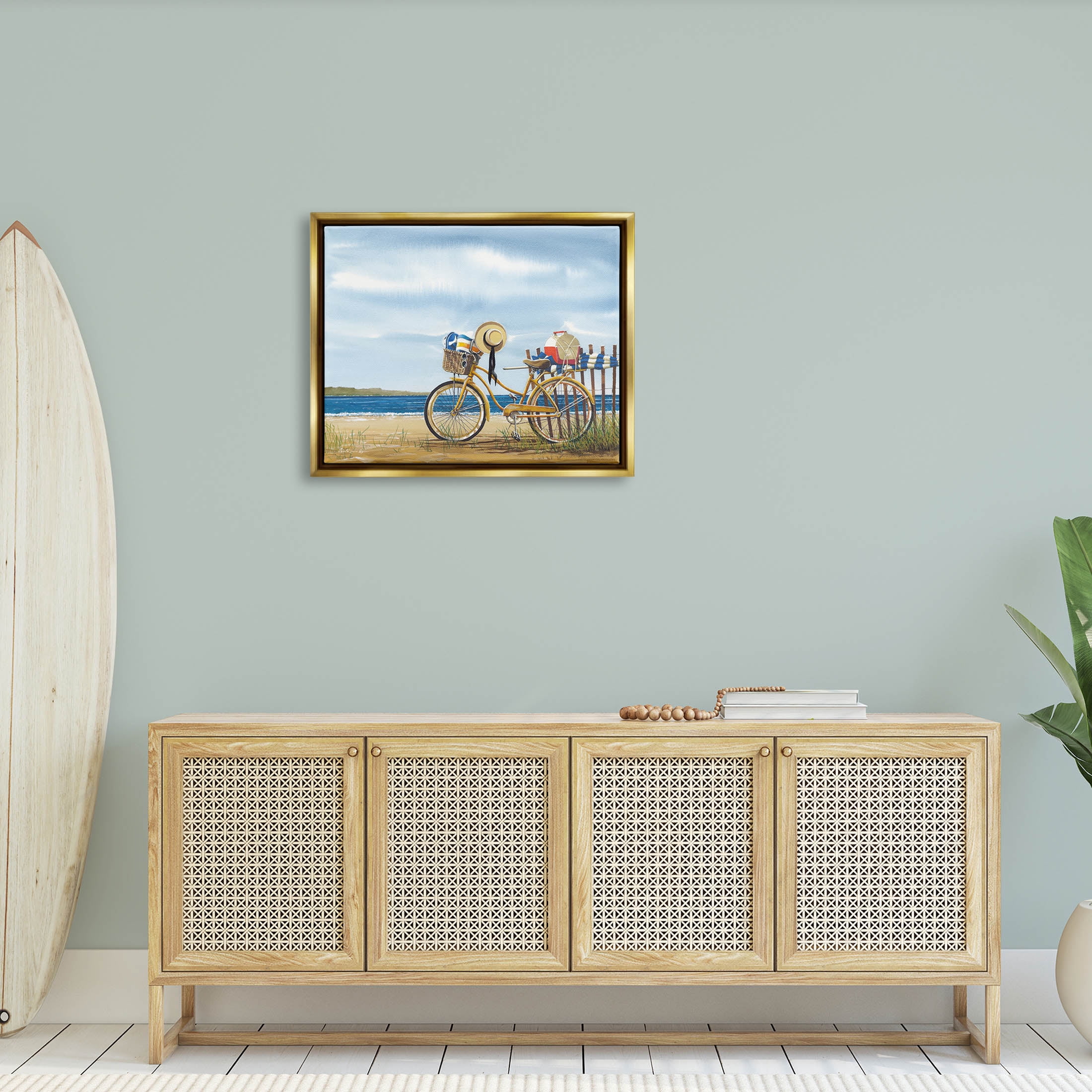 Summer Bike Beach Day Waves Coastal Painting Metallic Gold Framed Art Print Wall Art