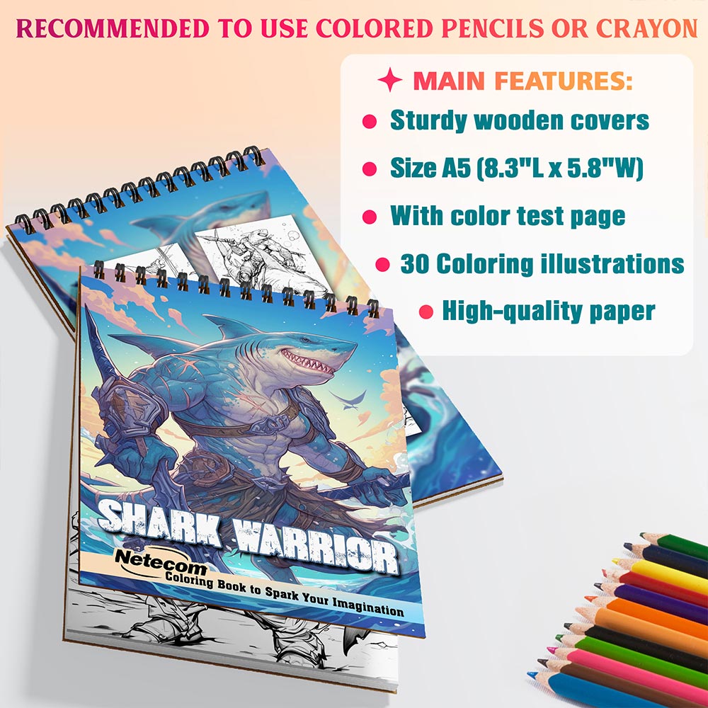 Netecom Shark Warrior Coloring Book for Adults, A5 Wooden Cover, 30 Dynamic Coloring Pages of Ocean Warriors for Stress Relief and Relaxation, Spiral Bound Edition