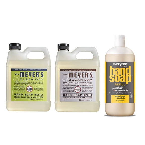 Mrs. Meyers Clean Day Liquid Hand Soap Refill, 1 Pack Lemon Verbena, 1 Pack Lavender, 33 OZ each include 1 12.75 OZ Bottle of Hand Soap Meyer Lemon