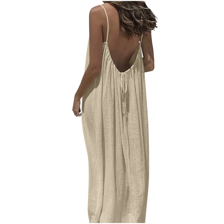 princess polly baby blue dress Sevevn Womens Backless Maxi Dress Spaghetti Strap Sleeveless Loose Fit Long Dress Lightweight Flowing Summer Casual Vacation Dress Beige M, Women's,