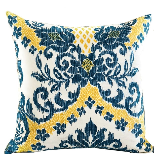 Blue, Beige and Yellow Luxury Throw Pillow 16in x 16in