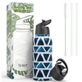 thumbnail image 4 of Stainless Steel Insulated Water Bottle - THILY Triple Insulated 32 oz Leakproof Wide Mouth Water Flask Mug with 2 Lids and Straws, for Gym, Travel, Hiking, Blue Triangle, 4 of 4
