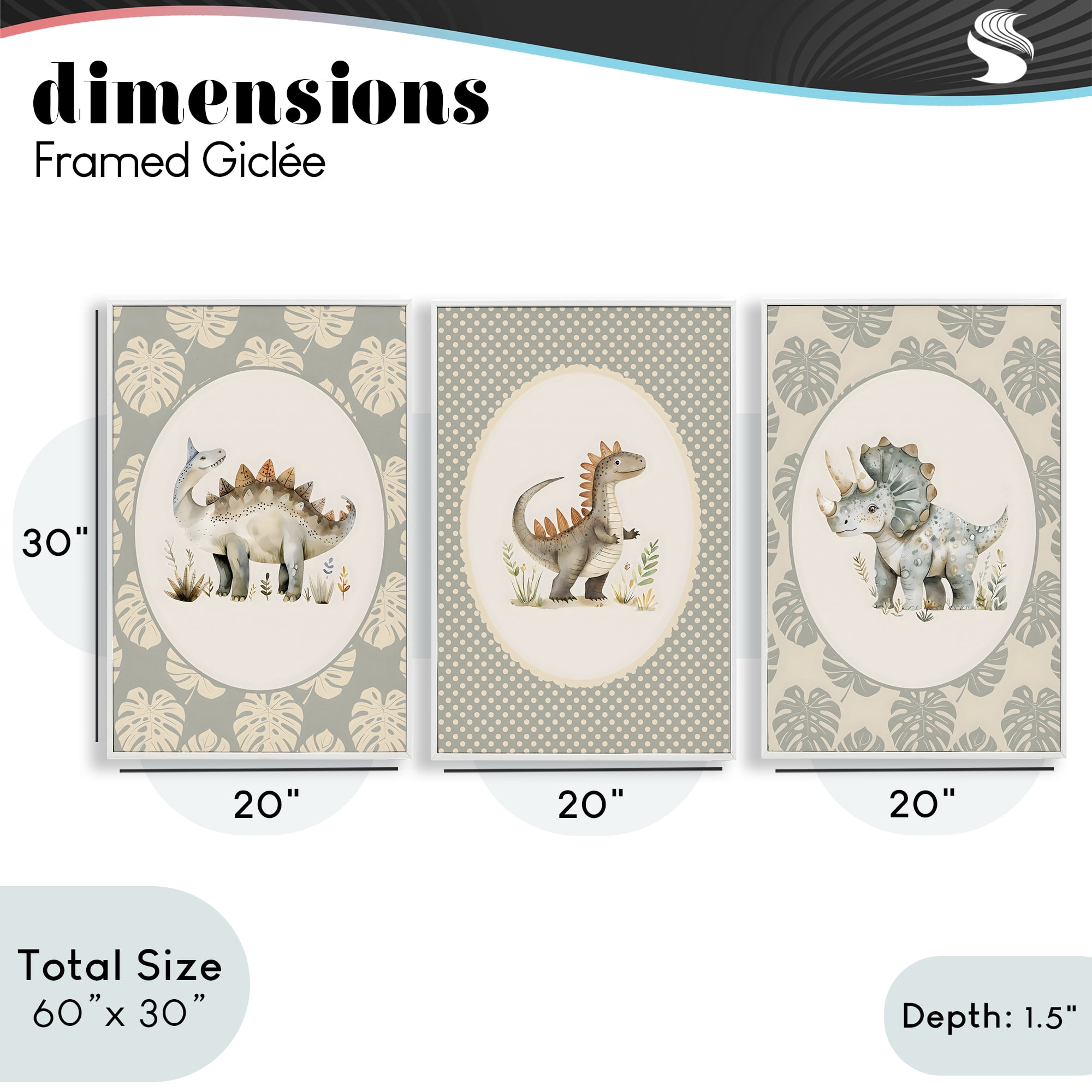 Stupell Industries Nursery Dinosaurs Tropical Border 3 Piece White Framed Giclee Art Set, design by LSR Design Studio