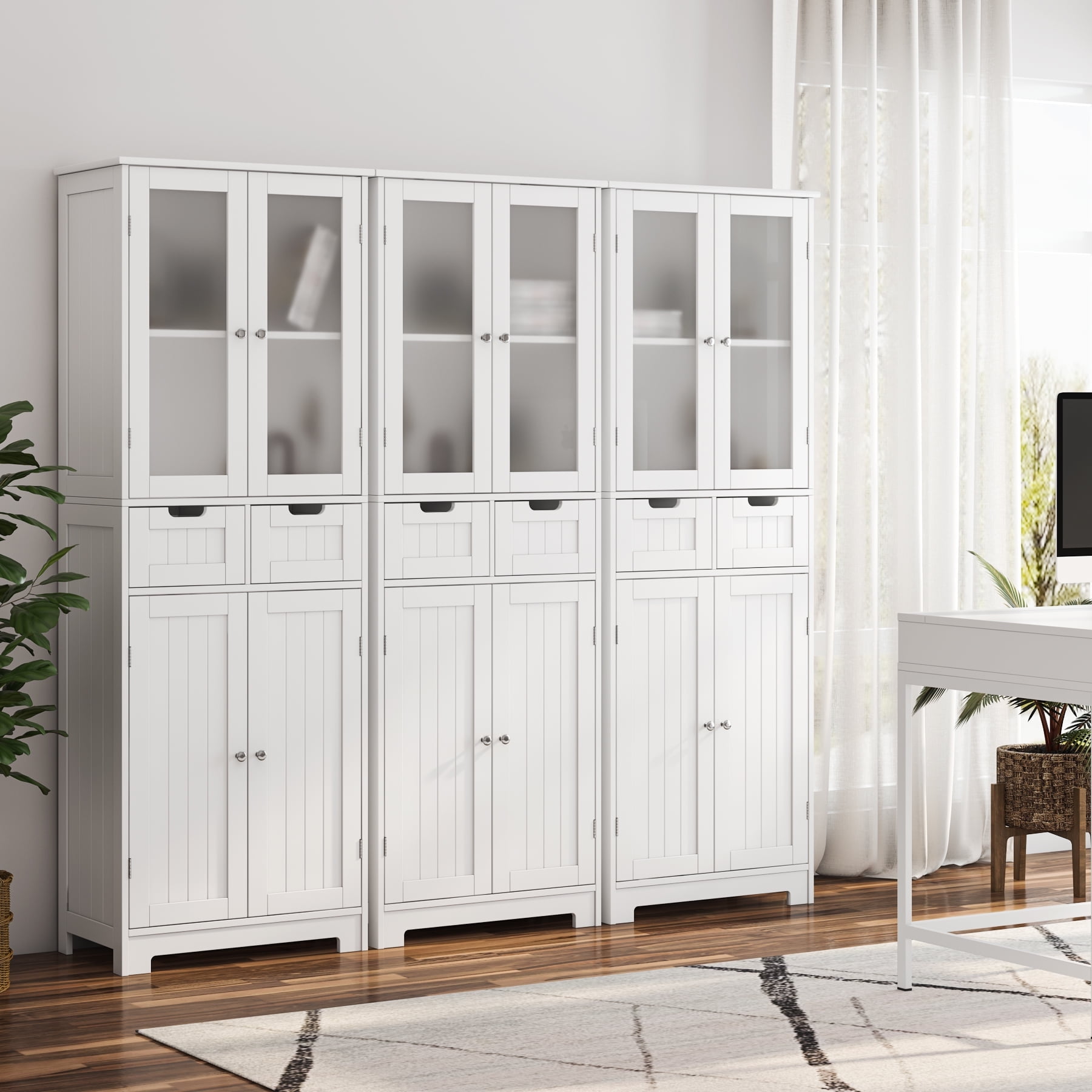 Homfa 2pcs Bathroom Cabinet with 4 Doors, 3-Tier Wood Tall Linen Storage Cabinet with 2 Drawers for Living Room Office, White