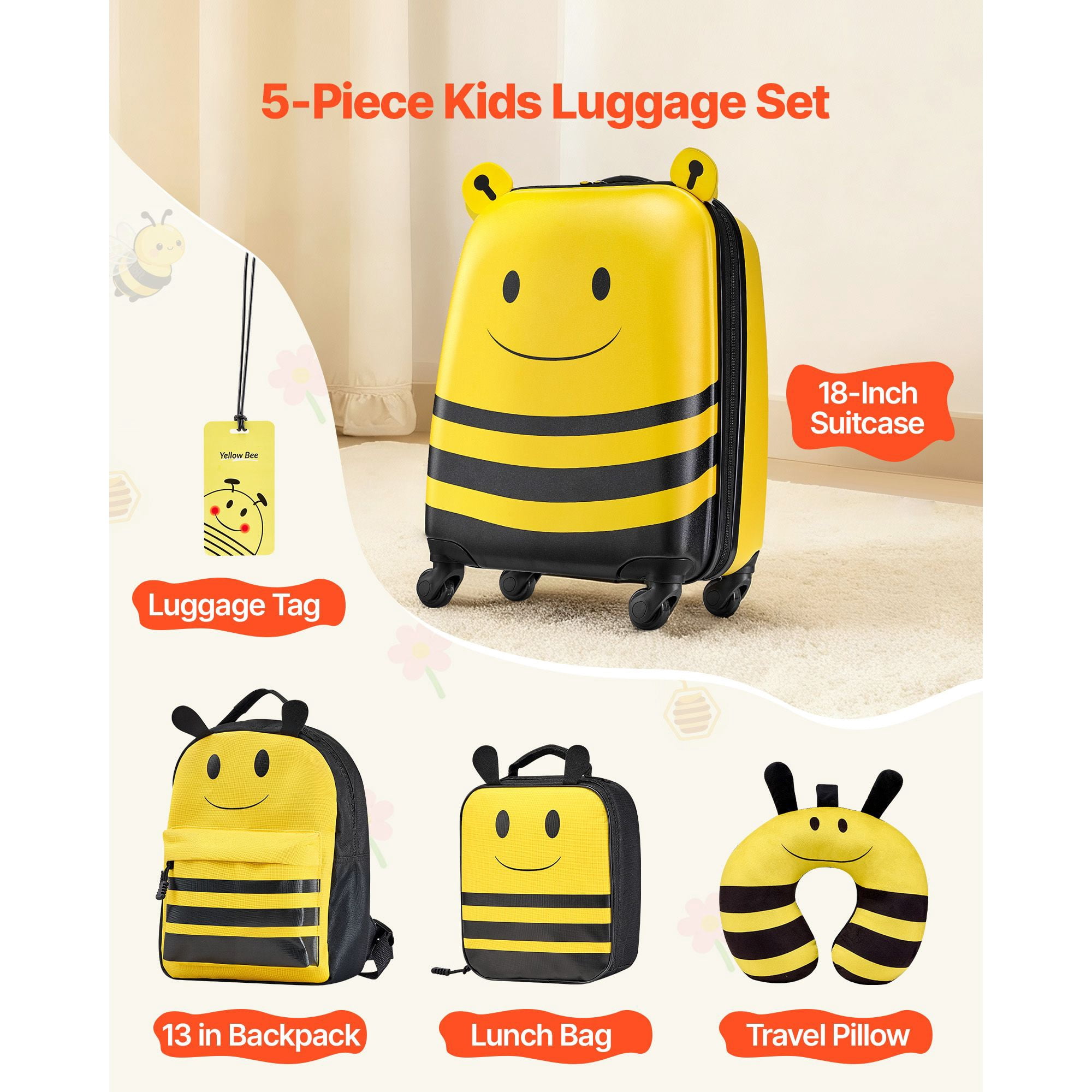 Kids Luggage Set, 5 Piece, 18 Inch Hardside Rolling Wheels Suitcase with Backpack & U-shape Pillow, Bee Kids Carry on Luggage Set, Holiday Birthday Gift for Girls Boys, Airline Approved