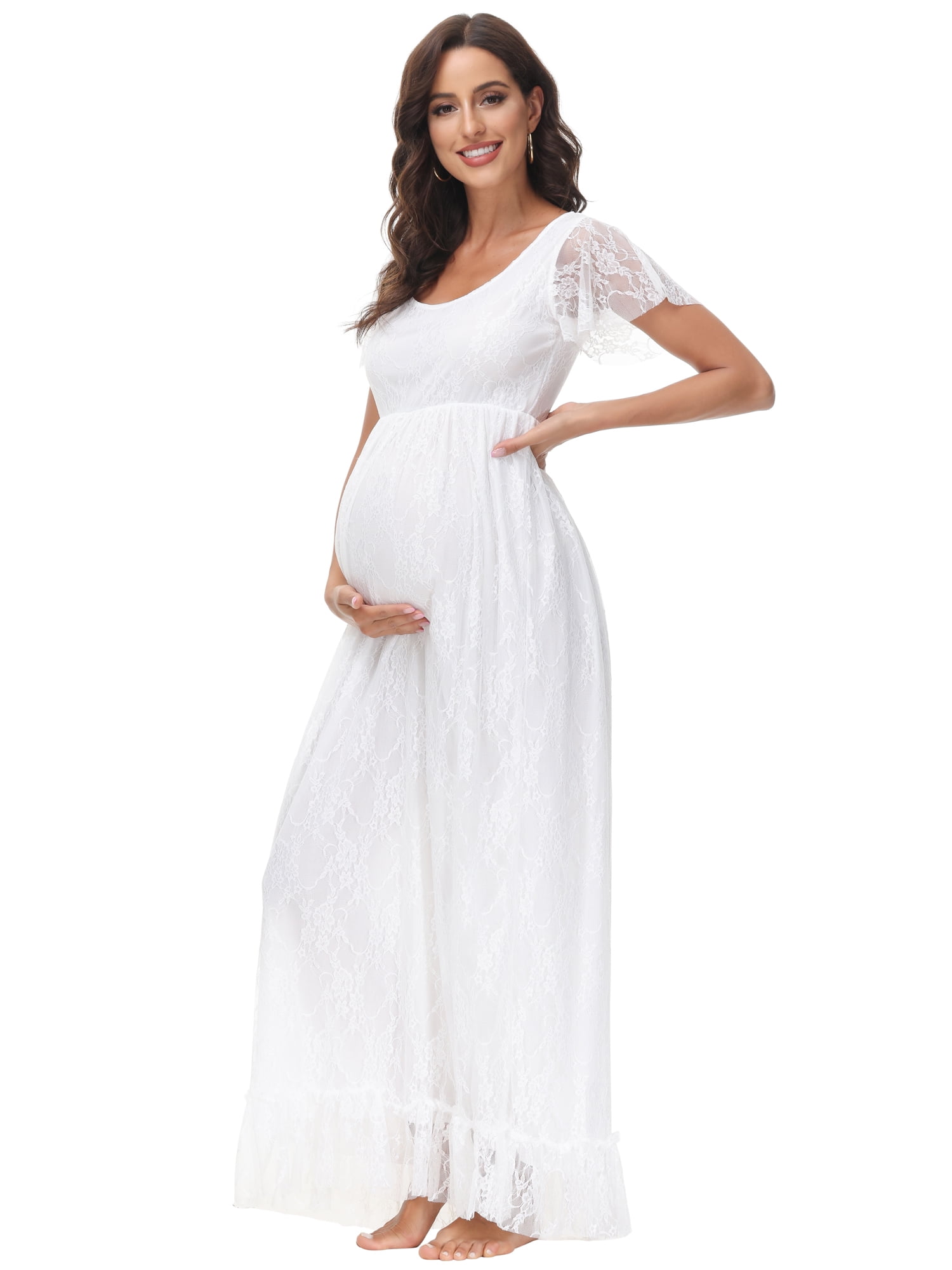 JustVH Women Lace Maternity Dress Short Sleeve Elegant Pregnant Maxi