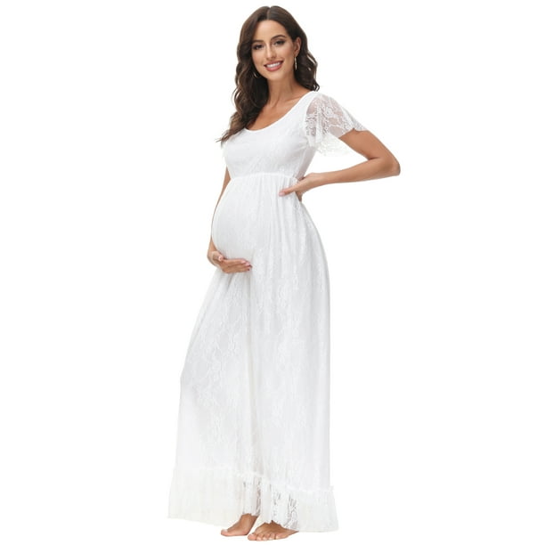 JustVH Women Lace Maternity Dress Short Sleeve Elegant Pregnant Maxi