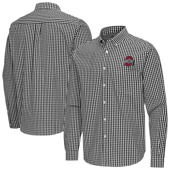 Men's Antigua Black Ohio State Buckeyes Ellis Woven Tri-Blend Long Sleeve Button-Down Shirt