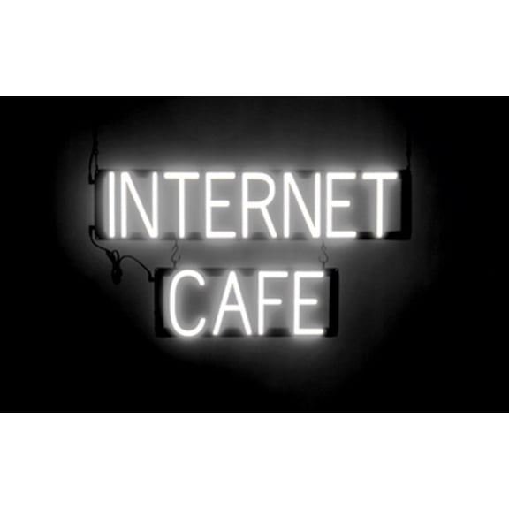 SpellBrite INTERNET CAFÉ LED Sign for Business. 28.1" x 15.0" White INTERNET CAFÉ Sign Has Neon Sign Look With Energy Efficient LED Light Source. Visible from 500+ Feet, 8 Animation Settings.