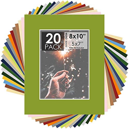 Mat Board Center, Pack of 20, 8x10 Mixed Colors White Core Picture Mats