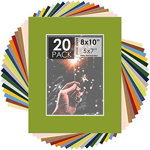 Mat Board Center, Pack of 20, 8x10 Mixed Colors White Core Picture Mats