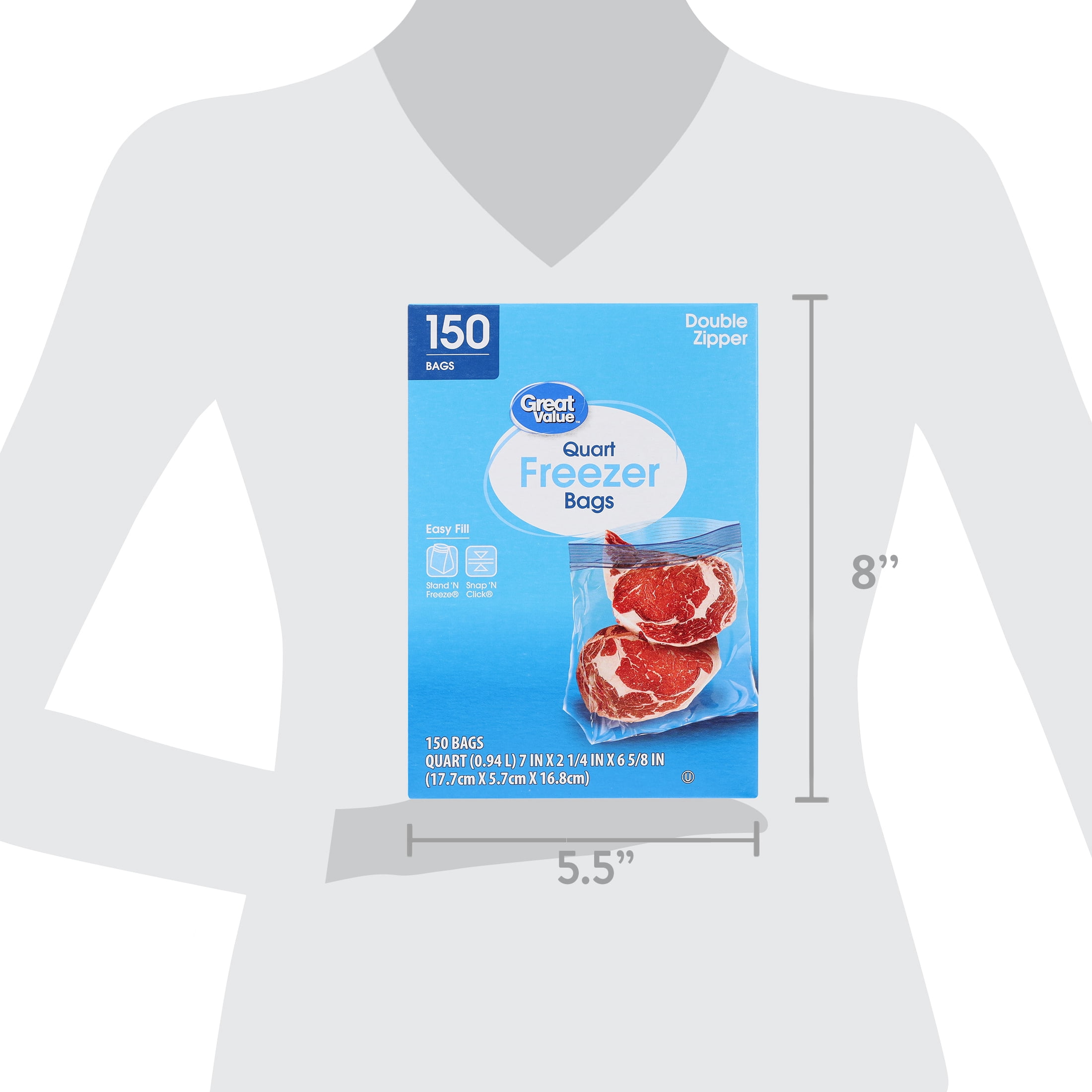 Great Value Quart Freezer Bags with Double Zipper, 150 Count