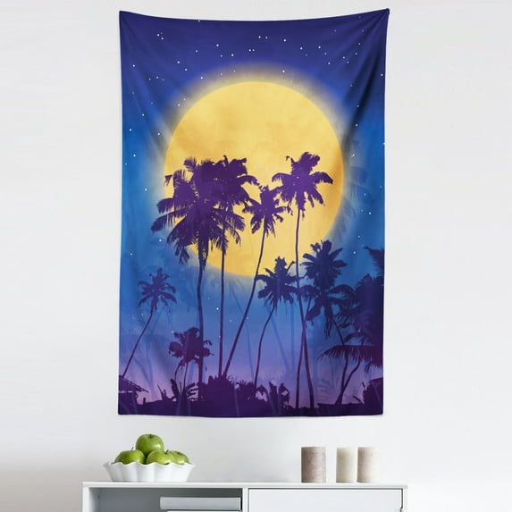 Island Party Tapestry, Full Moon Sky Above Coconut Palm Trees Beach Night Tropics, Fabric Wall Hanging Decor for Bedroom Living Room Dorm, 5 Sizes, Dark Purple Navy Blue, by Ambesonne