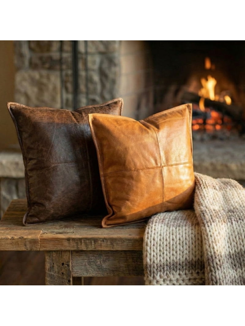 leather cushion アンティーク 本革 furniture Handmade Genuine Leather Cushion Cover 18x18” Brown Throw Pillow
