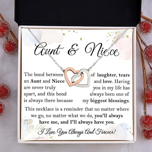 To My Aunt Necklace From Niece, Birthday Gifts For Niece, Necklace Gift For Niece From Aunt with Message Card and Gift Box, Interlocking Heart Necklace for Aunt from Niece