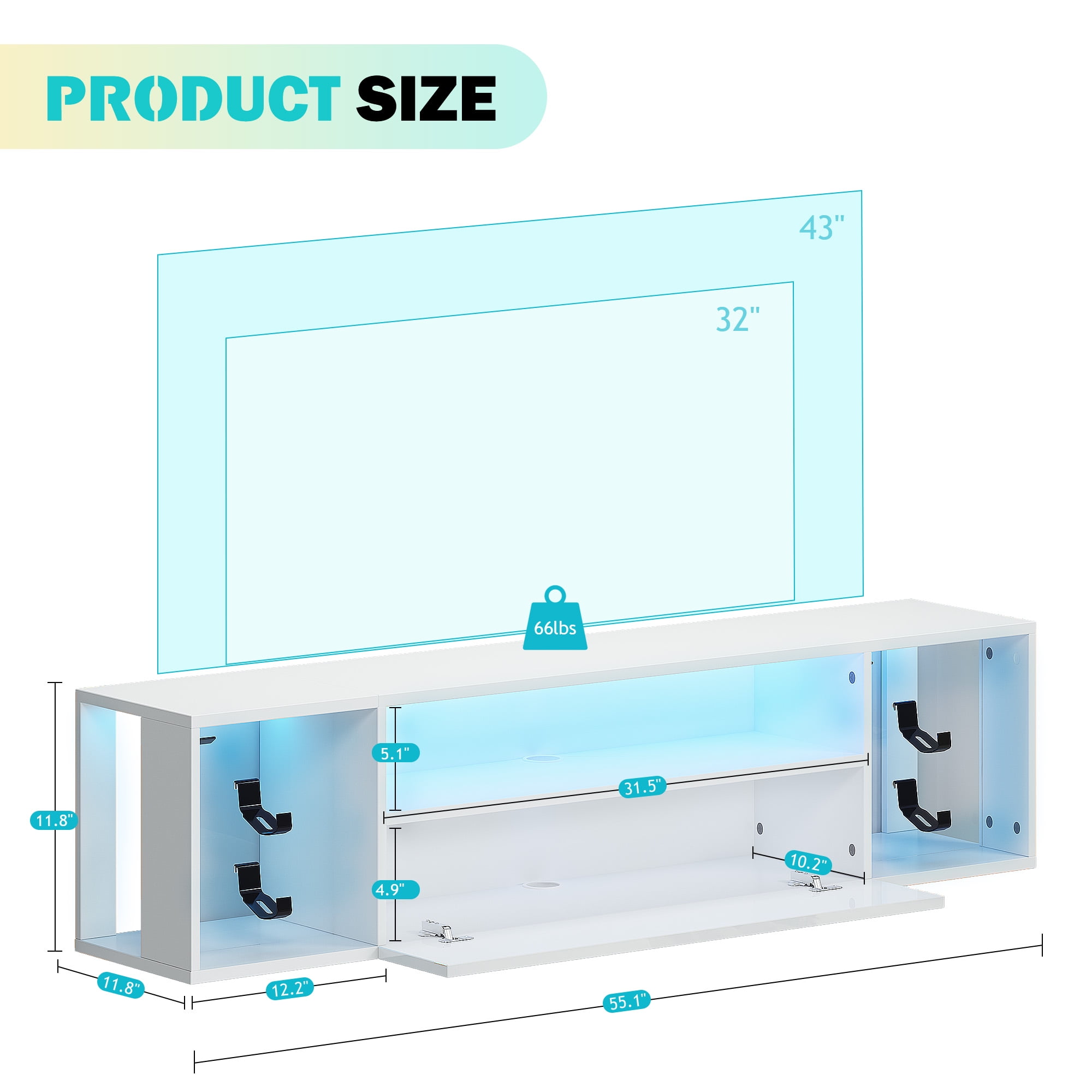 SogesPower East Install Television Stand with Storage, Wood White, 55.10 x 11.80 x 11.80 Inches,White