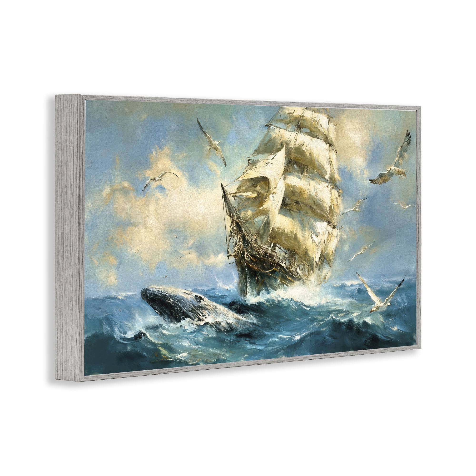 Stupell Industries Clipper Ship & The Whale Gray Framed Giclee Art, design by Tina LeCour
