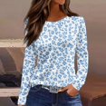 thumbnail image 2 of WTOBBY Women's Fashion Casual Slit Hem Floral Print Round Neck Long Sleeve T-Shirt Top, Ladies Comfortable Blouse with Stylish Design for Relaxed Everyday Wear,Blue L, 2 of 5