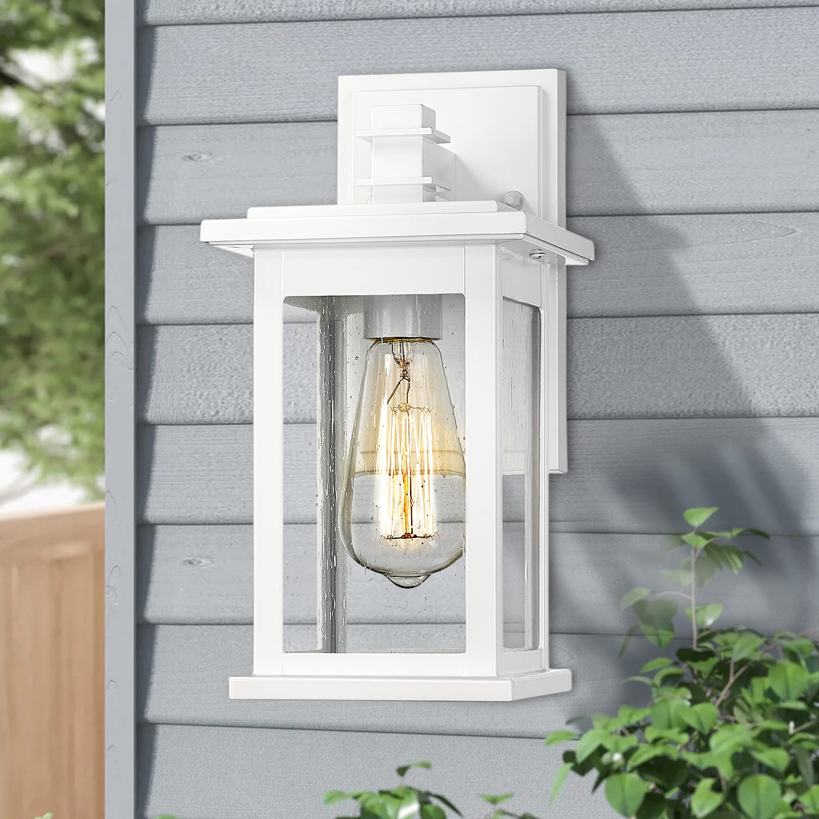 Emliviar Modern Outdoor Porch Light, 12.3" Outdoor Wall Light with Seeded Glass, White Finish, 1803EW1 WH