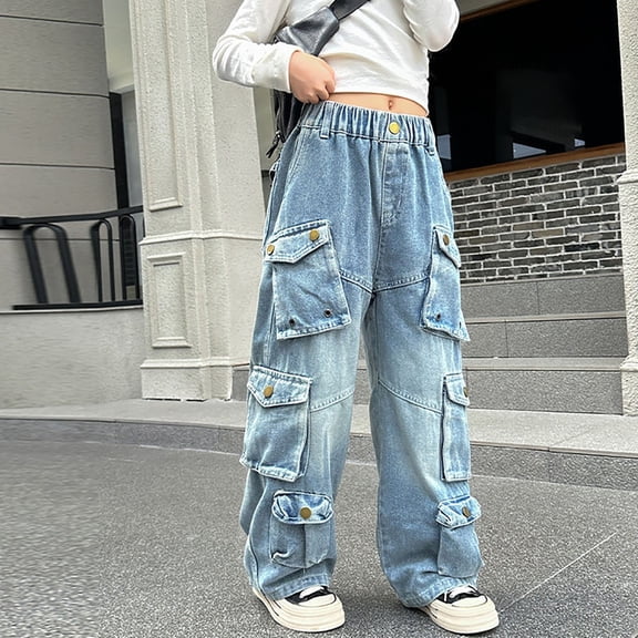 XXWXYD Girls Boys Kids Cargo Jeans Elastic Waist Straight Wide Leg Baggy Denim Pants Casual Loose Trousers 6-14 Years