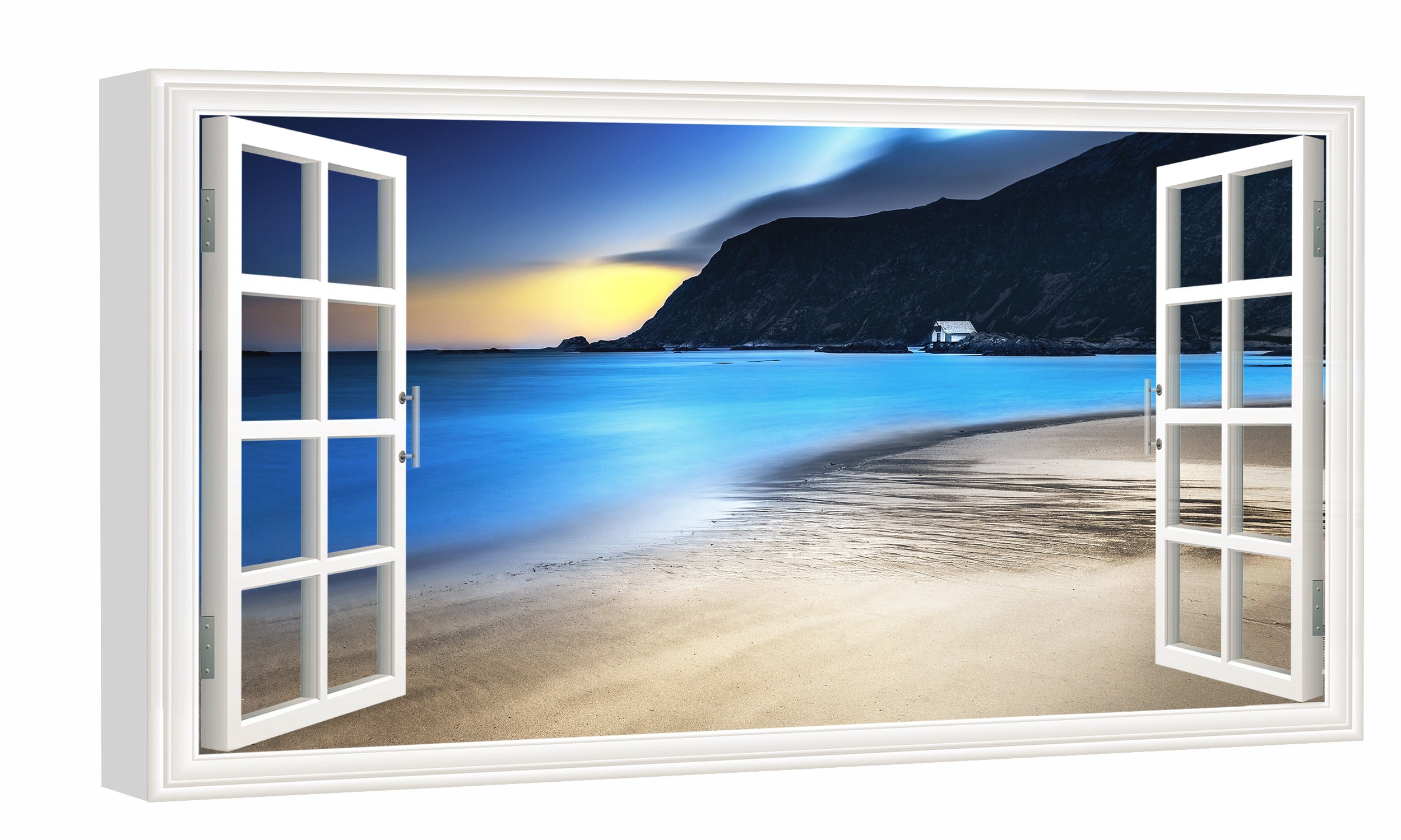 ARTISTIC PATH Fake Window Canvas Wall Art: Open Window View Rocky Beach  with Distant Sunset Prints Artwork for Office (36''W x 24''H,Multi-Sized)