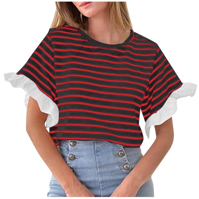 Yuyuzo Women Tops Ruffle Short Sleeve Shirts Crewneck Casual Basic Striped T Shirt Summer Outfits