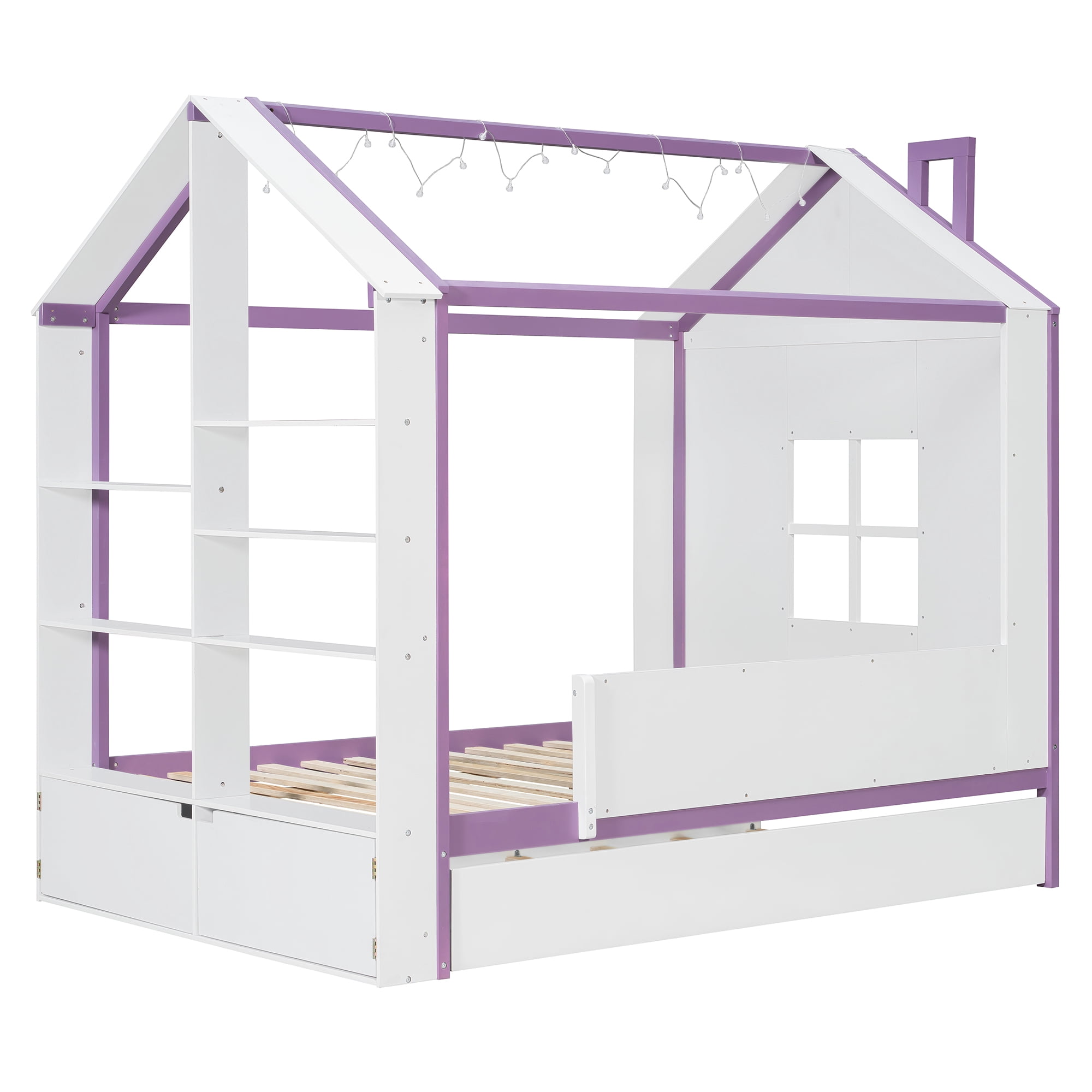 Full Size House Bed Frame with Pull-Out Trundle, Tail End Storage Shelves and Cool White LED Lights, White+Purple