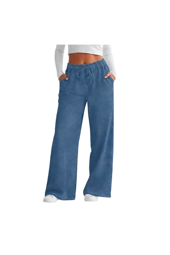 Women's High Waisted Wide Leg Jeans Elastic Waist Drawstring Pull On Denim-Like Pants with Pockets Stretchy Casual Trousers (Blue, XXL)