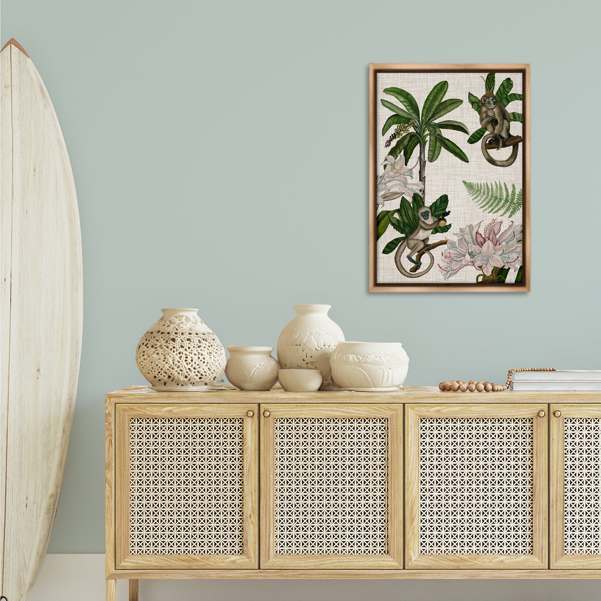 Stupell Industries Tropical Monkey Studies Plants & Flowers Painting Brown Floater Framed Canvas Art Print Wall Art, 21 x 31
