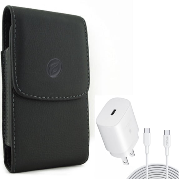 25W Fast Home Charger & Case Belt Clip for Samsung Galaxy S21,S20 - PD Type-C 10ft USB-C Cable + Leather Holster Cover Combo