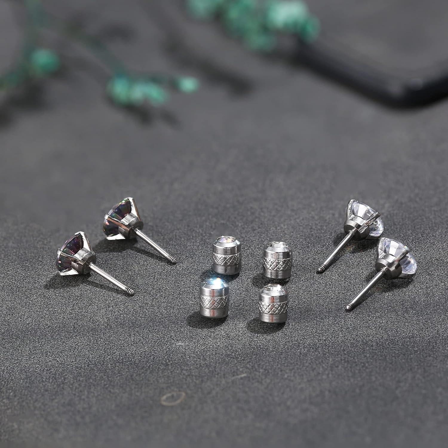 Jstyle Titanium Stud Earrings for Men Women, Studs Hypoallergenic, G23 Titanium Earrings for Sensitive Ears, Titanium Screw Back Earrings Round Cut CZ Stud Earrings Surgical Steel