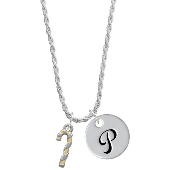 Delight Jewelry Two-tone 3-D Candy Cane Silvertone Script Initial Disc - P - Charm Necklace, 20"+3"