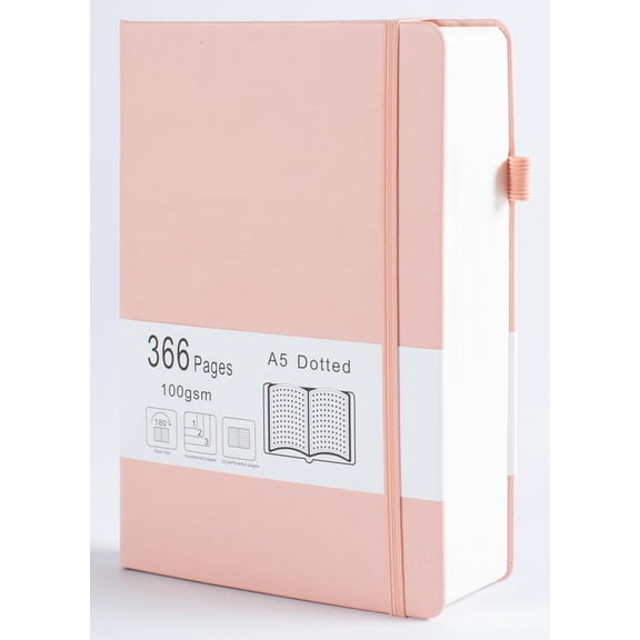 Thick Bullet Notebook with 366 Numbered Pages, A5 Dotted Journal for Writing with 100GSM Dot Grid Paper, Hardcover Leather Notebooks for Women Men School Note Taking Office , 5.7"x8.3" Blush